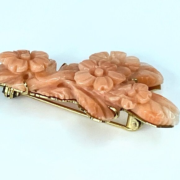 JR8581 Vintage carved natural color coral flower brooch 14K gold 45x24mm 8.6g - Picture 4 of 7